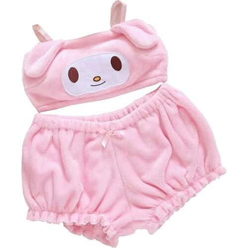 2Pcs Women Winter Underwear Cartoon Print Fluffy Adjustable Straps Vest + Elastic Waist Shorts Suit for Girls