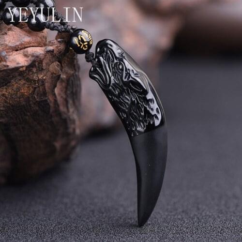 Fashion Black Obsidian Wolf Tooth Spike Pendant Necklace For Women Men Natural Stone Beads Rope Chain Necklace Jewelry Gifts