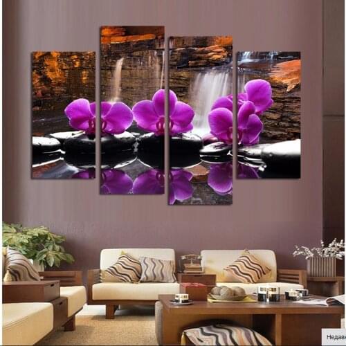 Living Room HD Printed Modular Canvas Poster 4 Piece Purple Orchid Still Life Stone Frame Wall Art Painting Home Decor Pictures