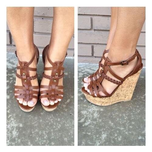 Moraima Snc Newest Platform Wedge Sandal for Woman Summer Brown Leather Open Toe Gladiator Shoes Sexy Cutouts Dress Shoes