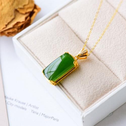 Natural Hetian Jade Rectangular Inlaid S925 Sterling Silver Ancient Style Thick Gold Lucky Pendant Pendant Clavicle Chain Jewelr