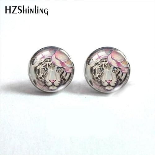 2021 New Tiger with Flower Painting Stud Earring Round Earrings Handmade Glass Cabochon Art Printed Jewelry Gifts