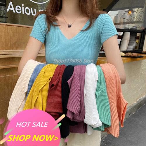 2021 New Summer Women T Shirt Sexy V Neck Female Slim Short Sleeves Top Knitted Ribbed Female TShirt Pullover Tops Soft Female
