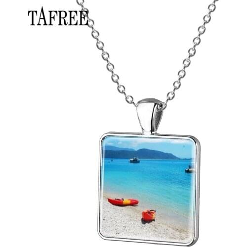 TAFREE the New Great Barrier Reef Necklace Famous Scenic spot Square Pendant Necklaces long Chain Sea Scenery Jewelry FA512