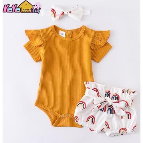 Newborn Baby Girl Clothes 3Pcs Summer Rainbow Outfits Set Short Sleeve Rompers Top Shorts Headband Cute Infant Toddler Clothing