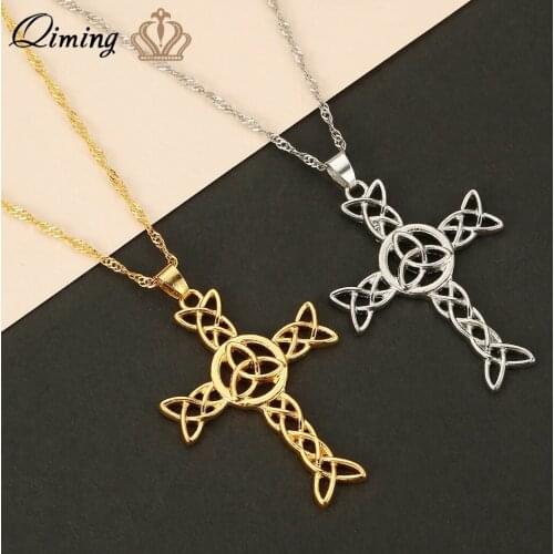 QIMING VIrish Celtic Knot Cross Necklace Crucifix Pendant Church Jesus Christ Women Men Necklace Religious Jewelry Boy Gift