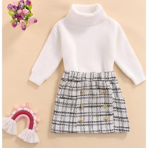 Infant Casual Outfits Fashion Girls Solid Color Long Sleeve Turtleneck Sweater Tops + Plaid Skirt with Buttons 2 Piece Set