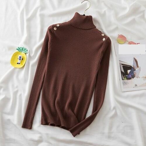 Pullover Turtleneck Sweater Women Autumn Winter Knitted Elasticity Female Clothes Slim Long Sleeve Button Soft Ladies Sweaters