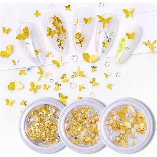 Net Red Little Red Book Same Section Nail Art Deco butterfly matte gold Three-dimensional metal butterfly pearl nail accessories