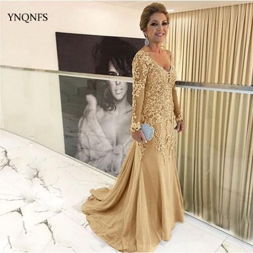 YNQNFS brides mom dress 2020 yellow green blue custom mermaid long sleeve wedding party dress groom mother guest dress ms16