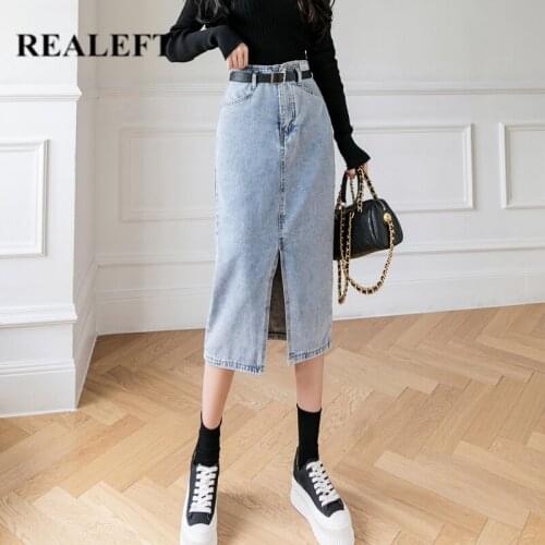 REALEFT Elegant Office Ladies Denim Midi Skirts 2021 New Autumn Solid Front Split With Belt High Waist Chic Female A-Line Skirts
