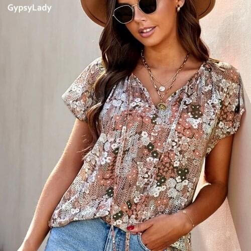 GypsyLady Chiffon Vintage Floral Blouse Top Summer Holiday Casual Blouse Shirt V-neck Lace Tie Up Flare Sleeve Blouse Women Top