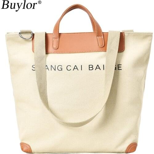 Buylor Canvas Women Handbag Letter Printing Shoulder Crossbody Bag Large Capacity Female Portable Leather Patchwork Shopping Bag
