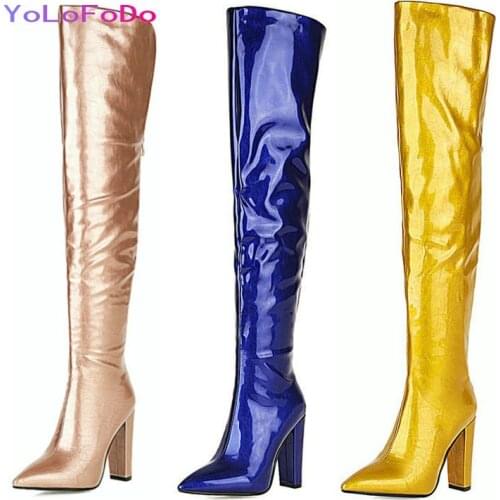 2021 Women Over the Knee Boots Patent PU Leather High Quality Women Thigh Boots Pointed Toe Square High Heel Boots for Women