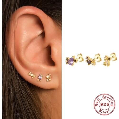 GS 3pcs/set 925 Sterling Silver Colored Zircon Stud Earrings For Women Rainbow Crystal Piercing Ear Studs Cartilage Jewelry