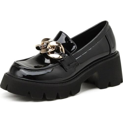 New Autumn Patent Leather Women Pumps Fashion Platform High Heels Oxfords Shoes For Woman Metal Chain Decoration Ladies Creepers