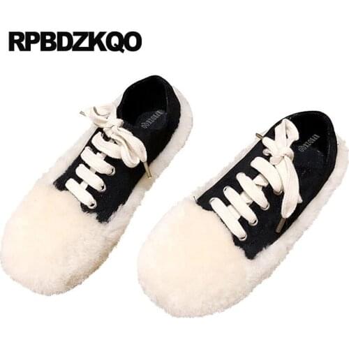 Female white latest chinese designer factory direct round toe fur women ladies china korean lace up beautiful flats shoes black
