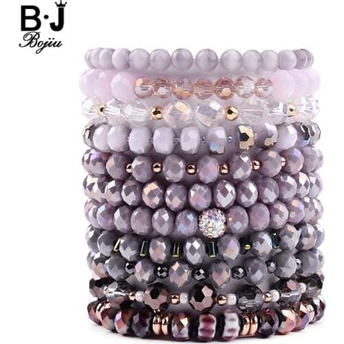 BOJIU Trendy Faceted Crystal Strand Bracelet For Women Cute Pink Purple Gray Black Crystal Bead Bracelet Hot Lady Jewelry BC276