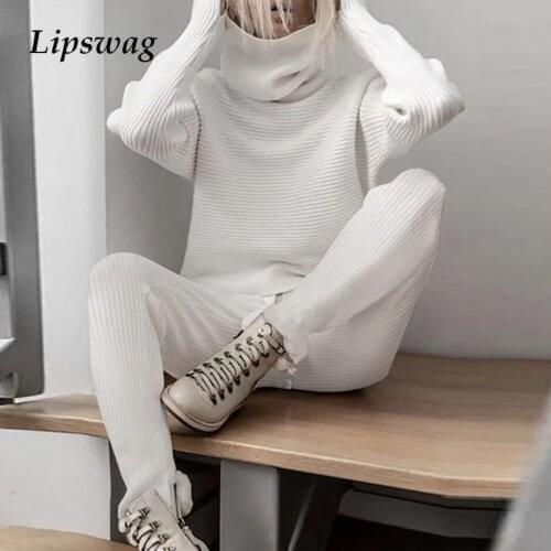 Autumn Winter Knitted Rib 2 Piece Sets Women Elegant Long Sleeve Turtleneck Tops And Pants Outfits Casual Loose Suits Tracksuits