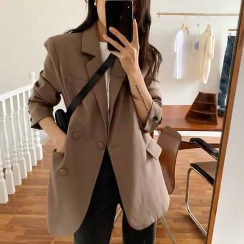 Vintage 2021 Fall Loose Blazers Notched Collar Long Sleeve Female Casual Black Jackets Ladies Suits Coats Outerwear Femme C013