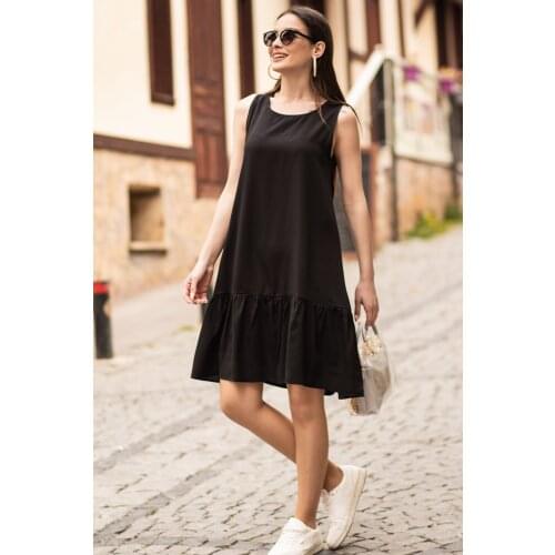 Womens Black, Collarless, Sleeveless, Skirt Ruffle Dress, Casual, Summer, Daily and Special, attractive, Modern Fashion, Viscon