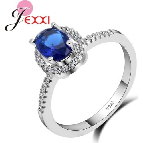 Narrow Band Korea Style Lovers Oval Blue Crystal Ring Silver Wedding Bridal Jewelry Female 925 Sterling Silver Bijoux