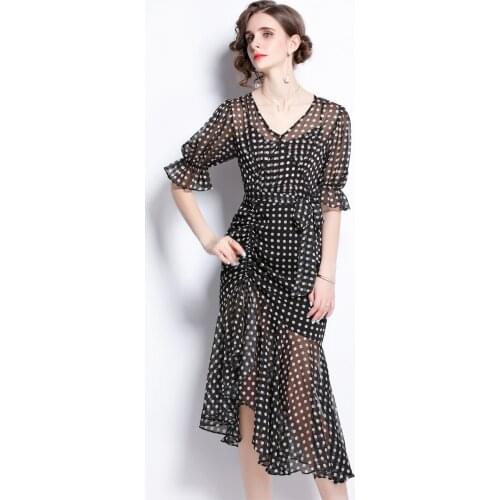 New 2021 V Neck Slim Sexy Short Sleeved Long Dress Summer Women Loose Dot Print Chiffon Maxi Vestidos