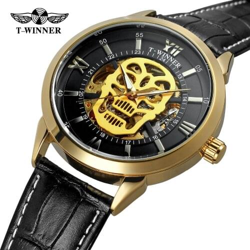 2019 Fashion T-WINNER Mens Watch Skeleton Skull Automatic Antique Genuine Leather Strap Hot Sale Relojes Transparent Wristwatch