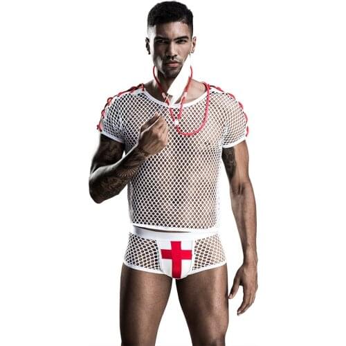 2021 New 4-Piece Set Mens Sexy Doctor Uniform Mesh Role Play Set Cosplay Gay Bar Dance Perform Costume Outfit