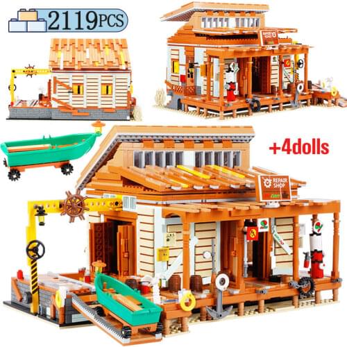 2119pcs City Creator Friends House Shipyard Building Block Ideas Movie Series Friends Boat Repair Shop House Brick Toys For Kids