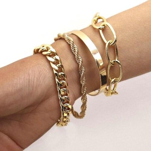 4pcs/Set Vintage Snake Chain Bracelets for Women Beach Bohemian Fashion Thick Iron Link Bracelet Bangles Punk Hand Jewelry Decor