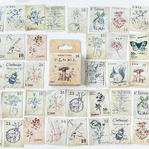 46 Pcs/box Vintage Forest Philately Stamp Stickers Scrapbooking Stationery Cute Animal Plant Journal Decor Flake Retro Sticker