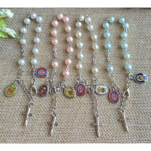 Freeship 6mm imitation pearl beads rosary bracelet,religious catholic baby virgin Guadalupe children rosary bracelet