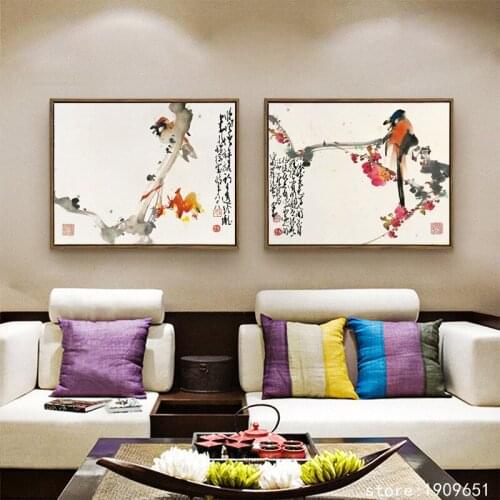 No frame Chinese style classical bird scenery canvas printings oil painting printed on cotton home wall art decoration picture