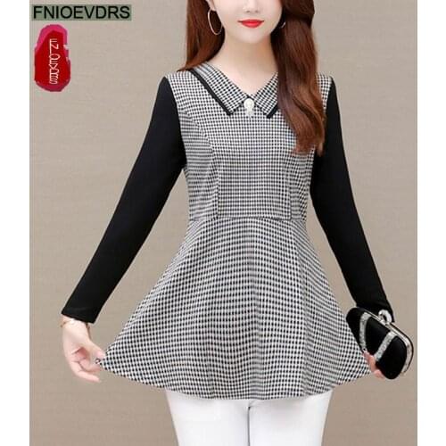 L-5XL 2021 Fall Autumn Women Elegant Office Lady Retro Vintage Loose Tops Printing Long Blouse Tunic Basic Plaid Shirts Blouses