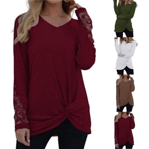 Blouses Women Autumn Lace Patchwork Long Sleeve V Neck Tunic Twist Knot Hem Blouse Top блузка женская ropa de mujer 2020