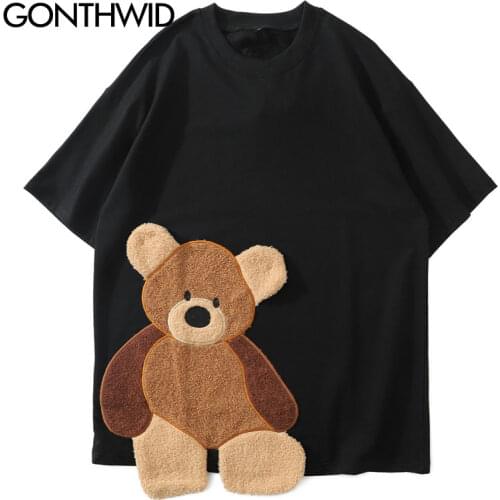 GONTHWID Harajuku Creative Embroidery Bear Color Block Patchwork Tees Shirts Streetwear 2020 Hip Hop Casual Short Sleeve Tshirts