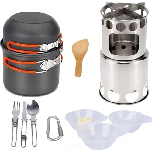 Outdoor Trekking Camping Pot Set Wilderness Survival Pot Set Picnic Cook Set with Convenient Wood Stove Bowl Knife Fork Spoon
