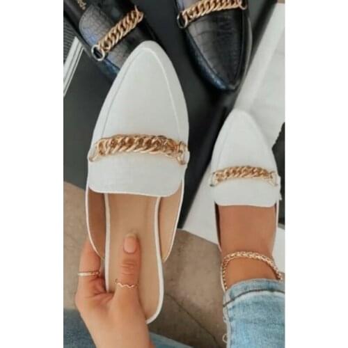 Summer Baotou Slippers Fashion Chain Decoration Pointed Sandals Solid Color Outdoor Flat Shoes Plus Size