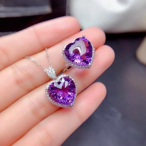 Love heart New Arrvial 100% Natural And Real Amethyst jewelry set Natural Real Amethyst 925 sterling silver 1pc pendant,1pc ring