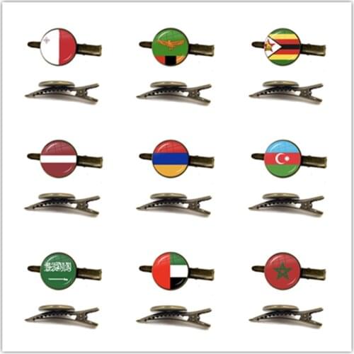 Malta Zambia Zimbabwe Latvia Armenia Azerbaijan Saudi Arabia UAE Morocco National Flag Glass Cabochon Tie Clip For Men Shirt