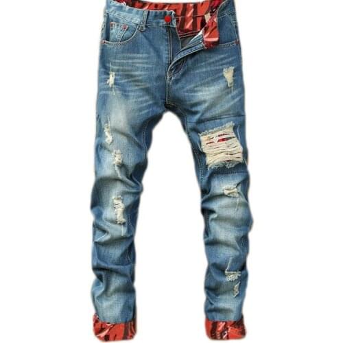 2021 Autumn Spring Mens Ripped Retro Street HIP HOP Punk Stretch Bike Jeans Trendy Holes Straight Denim Trousers