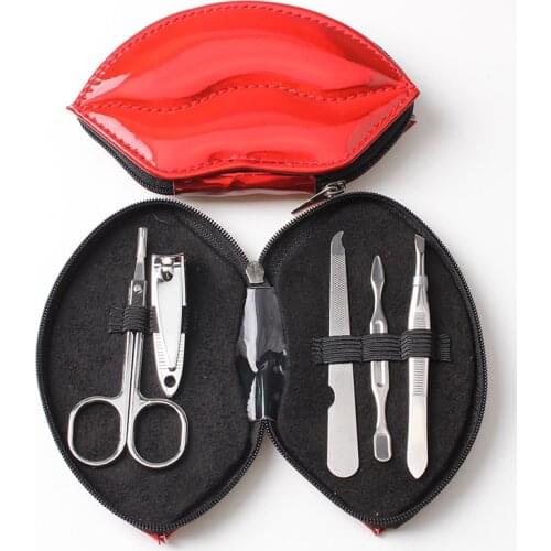 5pcs Red Shiny Sexy Lip Manicure Set Nail Art Tools Stainless Steel Nail Clippers File Beauty Scissors With PU Leather Case