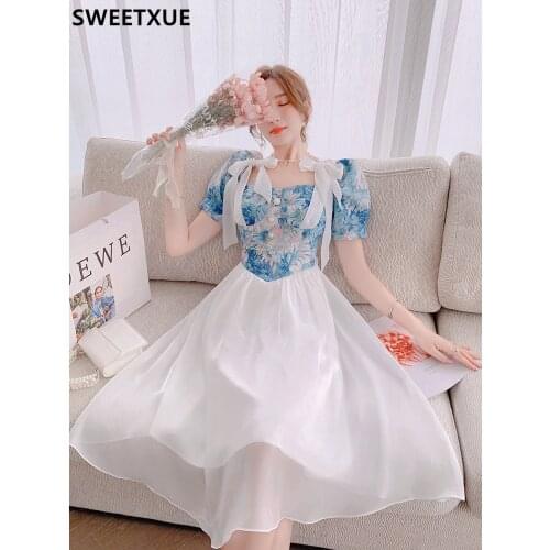 SWEETXUE 2021 New French Princess Romantic Gentle Floral Dress Female Summer Bowknot Patchwork Elegant Dress Vestidos