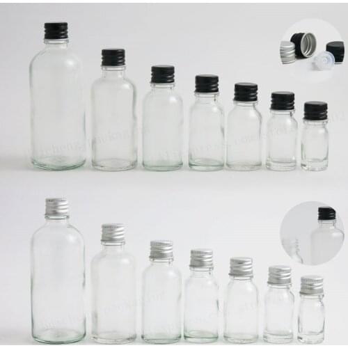 Transparent Glass Essential Oil Container With white Black Tamper Evident Cap PE Reducer 5ml 10ml 15ml 20ml 50ml 100ml 200pcs