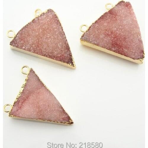 PS0001 Cherry Quartz Crystal Triangle Druzy Pendants with Gold Electroplated Trim Two Loops