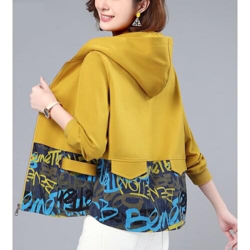 Plus size Womens Coat 2021 Spring Autumn New Loose Stitching Print Hooded Trench Outwear Casual Short Zipper Female Windbreaker