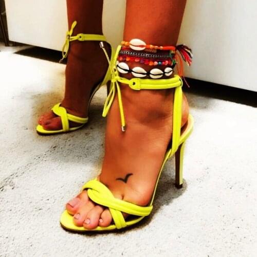 Sandals Woman High Heel Lace Up Neon Concise Fashion Summer Shoes Cut Out Open Toe Front Rear Strap Stiletto Woman Summer Shoes