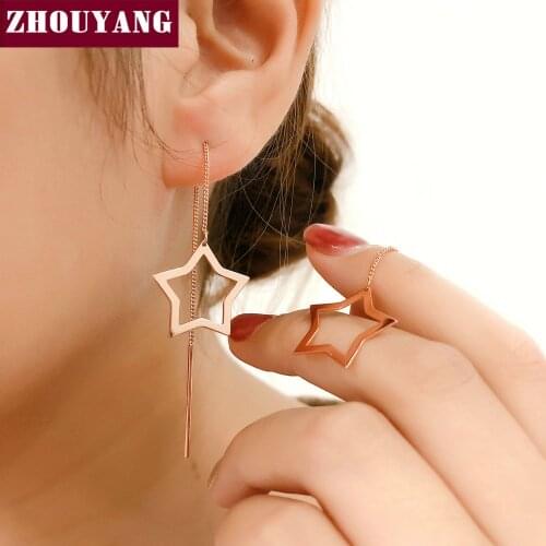 ZHOUYANG Drop Earrings For Women Simple Style Long Line Star Rose Gold Silver Color Christmas Gift Fashion Jewelry E765 E761