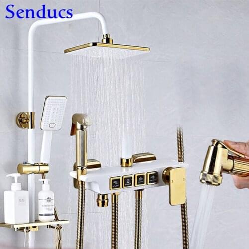 Bathtub Mixer Faucet White Gold Bathroom Shower Set Square Rainfall Hand Shower Head Brass Bath Faucet Hot Cold Shower System